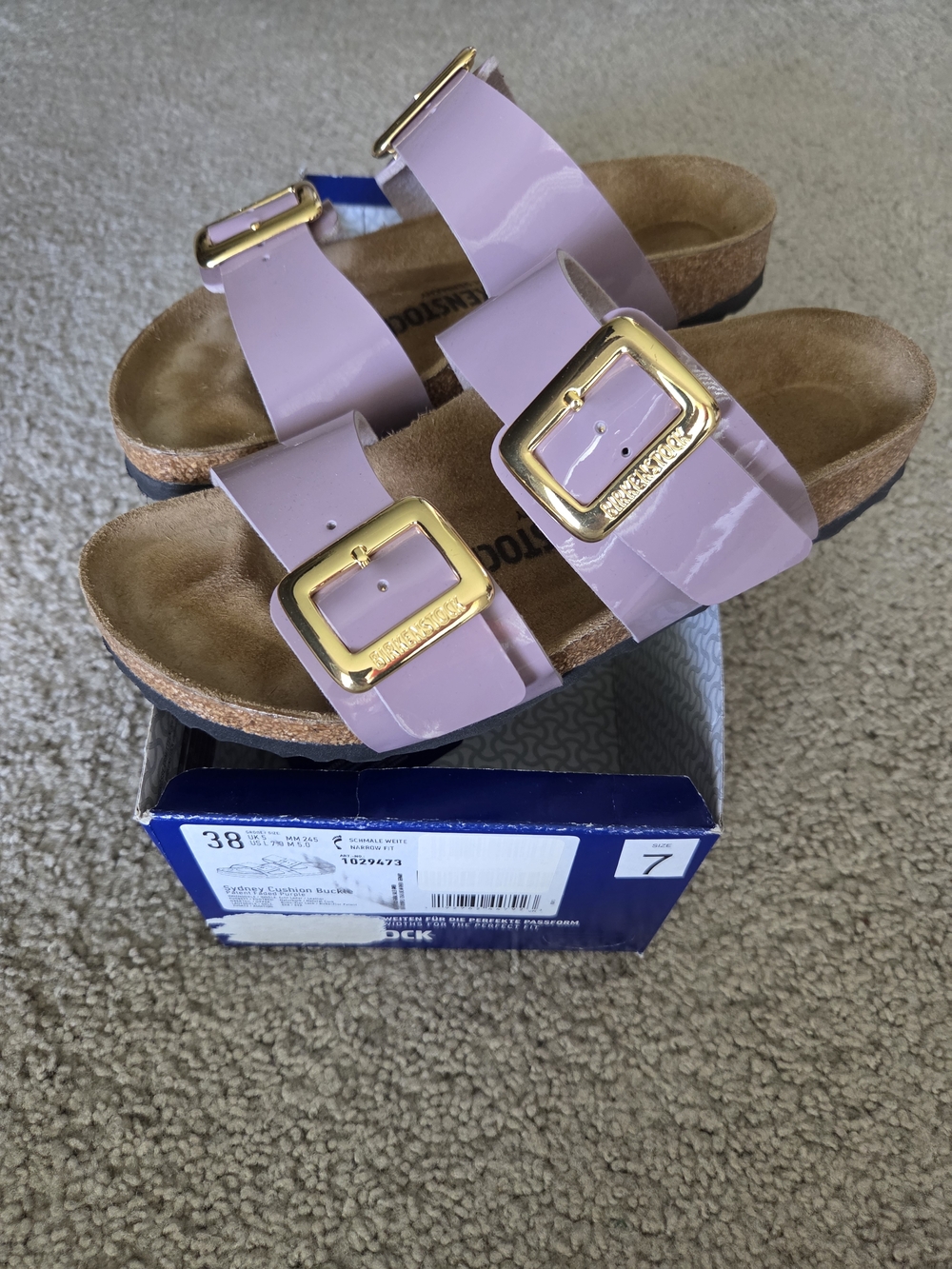 Birkenstock Arizona Two-Strap Sandals in Light Lavender with Gold Buckles